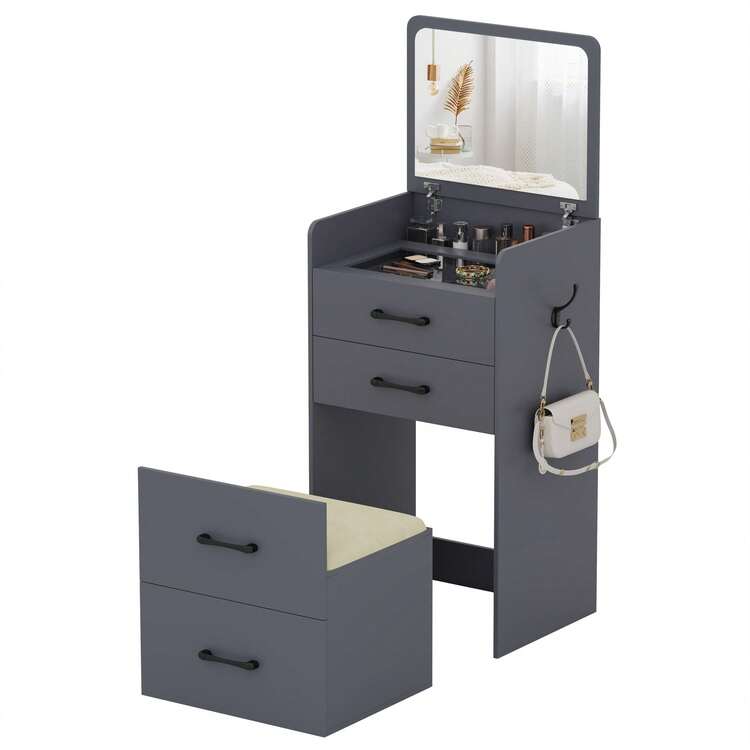HNEBC 3-In-1 Vanity Desk With Flip Mirror, Makeup Vanity With Drawers & Stool, Compact Vanity Desk For Bedroom, Multi-Function Dresser For Women, Girls - Xám - Xem 9