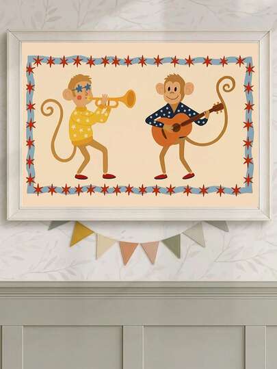 1pc Framed Canvas Wall Art, Monkey Band Theme Decor For Kids Room, Musical Animal Wall Art, Vintage Children's Room Poster, Game Room Decoration, Nursery Art, Farmhouse Style Decor, Daycare Decoration, Room Poster, Preschool Classroom Art, Newborn Decoration, Gift, Party Decoration, Waterproof, Bathroom Decor, Bedroom Decor