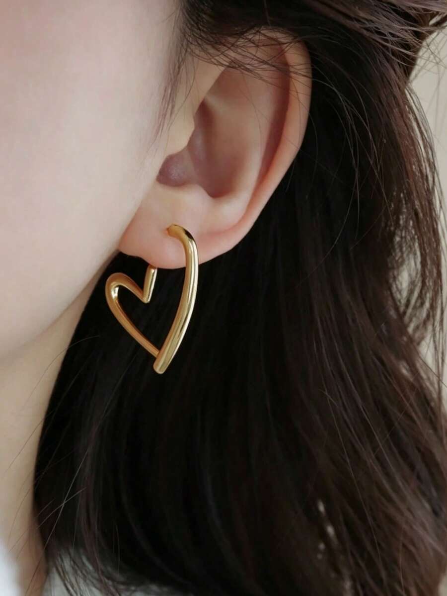 YUNCHUN 1 Pasang Anting Hoop Hati Berongga Stainless Steel Emas untuk Wanita, Anting Berbentuk Hati Garis Minimalis, Aksesori Serbaguna untuk Perjalanan Sehari-hari - Emas - View 1