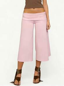 Fold Over Gaucho Pants Culottes For Women Low Rise Capris Foldover Flowy Going Out Flare Bottoms Wide Leg Capri Pants - Pink - View 4