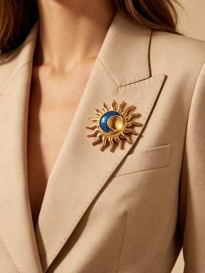 1PC Stainless Steel Blue Oil Dripping Moon&Sun Brooch For Women Gold Color Geometric Sun Decoration Pins Waterproof Party Wedding Jewelry Gift