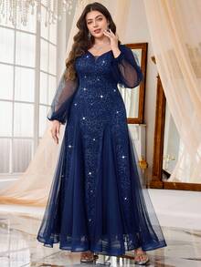 Plus Size Deep V-Neck Sequin Floral Lace Contrast Mesh Mermaid Ruffle Hem Evening Party Dress, Wedding Guest Dress Elegant - Navy Blue - View 4