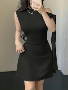 Vestido minimalista para mujer con estampado floral de tinta, hombro asimétrico con lazo, cintura ajustada - Negro 2 - Ver 1