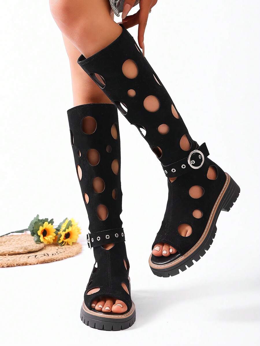 Giày sandal nữ kiểu dáng mới, khoét lỗ, đa năng, kiểu dáng châu Âu và Mỹ, đế bằng, có quai cài và khóa kéo phía trước, thích hợp cho mùa xuân/hè. - màu đen - Xem 1