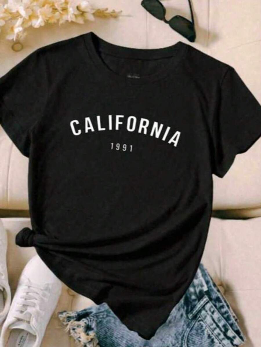 MPLSL|Women's Casual Urban T-Shirt California 1991 Letters Graphic Print Soft Fabric Loose Fit Round Neck Short Sleeve Spring Summer Everyday Wear T-Shirt - 黑色 - 查看 1