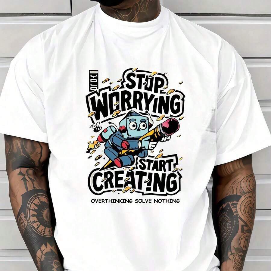 Short-Sleeved T-Shirt With "Stop Worrying Start Creating" Print - 白色 - 查看 1