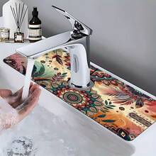1pc Bohemian Pattern Printed Faucet Mat, Durable Polyester, Quick Drying, Easy To Clean, Suitable For Kitchen And Bathroom, Easy To Install, Daily Decor, Gift, Bathroom Mat, Durable Faucet Mat, Faucet Accessory - Multicolor - View 3
