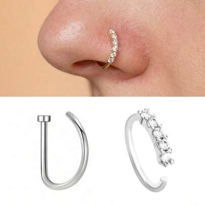 2pcs Punk Style Nose Rings, Women's Gold/Silver Zirconia Embedded Fake Nose Rings, No Piercing Design Faux Nose Rings, Fashion Hip-Hop Zirconia Nose Rings, Suitable For Party Outfits