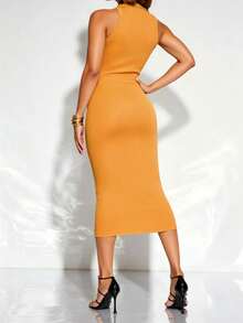 Solid Color Ribbed High Slit Front Button Dress Party - Orange - View 2