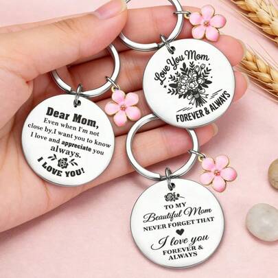 MOLANXUAN 1pc Stainless Steel Round Keychain With Pink Flower Charm, Engraved "Forever Love You, Mom" And "Even If I'm Not By Your Side, Dear Mom", Mother's Day Birthday Gift, Family Gift, Durable Anti-Rust Polished Accessory