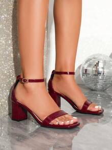 Square Toe Thick High Heel Sandals, Fashionable Versatile Women's High Heel Sandals, Available In Black And Red, Summer Shoes - Burgundy - View 4