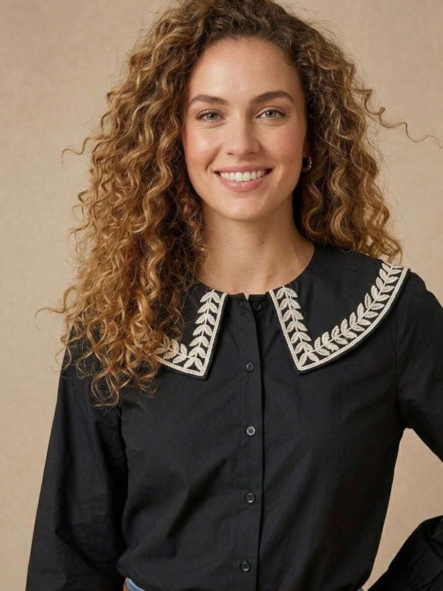 Women's Shirt With Ruff Collar/ Embroidered Detail/ Front Buttons/ Long Sleeves/ Classic Fashion S2192 2 In 1 Office - 黑色 - 查看 1