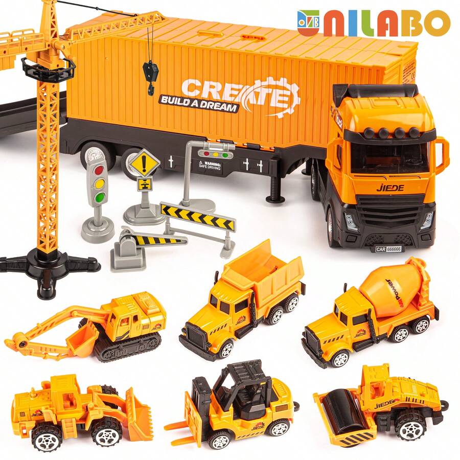 unilabo 3-6岁男孩益智玩具车 - 手动滑动装载机套装（不含电池），配有可拆卸重型卡车和集装箱，耐候性强，适合儿童搭建和玩耍