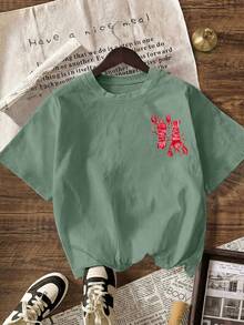 Y2K Pink Lobster Print Summer Tops For Women, Holiday Outfits, T-Shirts, Plus Size Casual Round Neck Short Sleeve T-Shirt - Green - View 3