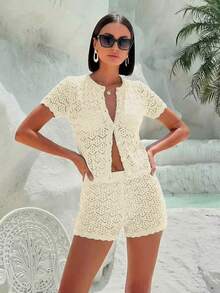 Conjunto de vacaciones de verano para mujer, conjunto de 2 piezas con top de punto de malla calado sexy y shorts - Conjunto de vacaciones de 2 piezas para mujer, conjunto de salida de punto calado para club nocturno, conjunto ajustado sexy para mujer - Beis - Ver 6