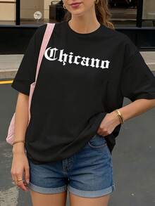 Camiseta Oversize Negra con Estampado  para Mujer Casual Urbana - Negro - Ver 1