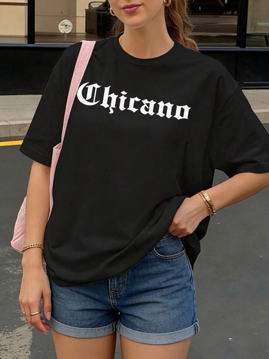 Camiseta Oversize Negra con Estampado  para Mujer Casual Urbana - Negro - Ver 1