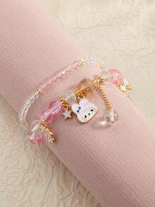 SANRIO 一套时尚、甜美、可爱的卡通旋律吊坠串珠女式手链 - 淺粉色 - 查看 3