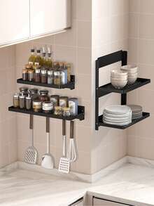 1 pieza Estante de almacenamiento de cocina montado en la pared con ganchos - Fácil de ensamblar, diseño plegable, para almacenar utensilios, especias, cuchillos, espátulas y cucharones, estante de almacenamiento ahorra espacio para la cocina y el comedor - Organizador de cocina y estante de almacenamiento de estructura de metal resistente - Estante de almacenamiento - Ver 1