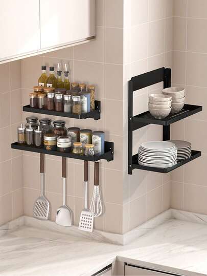 رف تخزين مثبت على الحائط للمطبخ مع خطافات - سهل التجميع، تصميم قابل للطي، لتخزين الأدوات والتوابل والسكاكين والمغارف والملاعق، رف تخزين مدخر للمساحة للمطبخ وغرفة الطعام - هيكل معدني متين منظم المطبخ وحامل التخزين