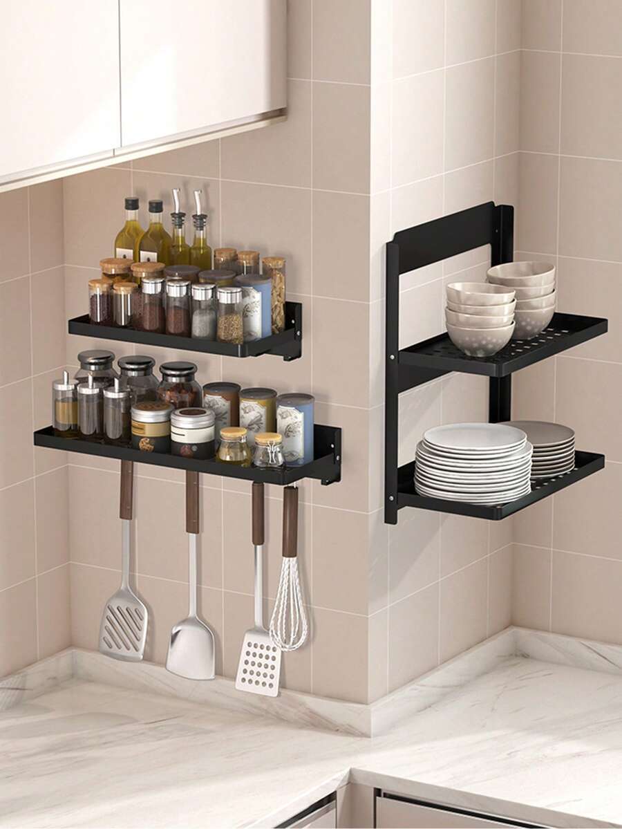 1 pieza Estante de almacenamiento de cocina montado en la pared con ganchos - Fácil de ensamblar, diseño plegable, para almacenar utensilios, especias, cuchillos, espátulas y cucharones, estante de almacenamiento ahorra espacio para la cocina y el comedor - Organizador de cocina y estante de almacenamiento de estructura de metal resistente - Estante de almacenamiento - Ver 1