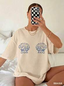 Graphic TeesWomen's Tropical Shell Print Casual T-Shirt - High Elasticity Round Neck Short Sleeve Top, Machine Washable White Blue Summer Beachwear, All-Season Comfortable Fit, Breathable Fabric, Simple Design, Tops For Women, Vacation Outfits For Women100% CottonWomen's Casual Easter Cotton T-Shirt Soft Breathable Daily Tee - 杏色 - 查看 3