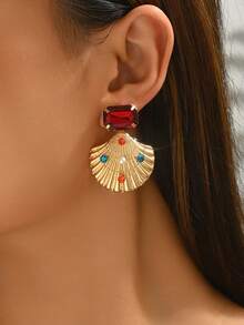 1 Pair Boho Golden Shell Summer Earrings With Red Acrylic &Multicolor Rhinestones&Faux Pearl, Vintage Ocean Statement Jewelry For Women, Beach Holiday Accessories ,Daily Wear Date Party Mother's Day Gift - Red - View 2