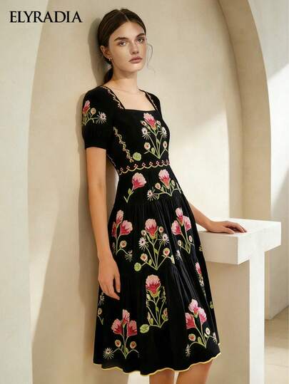 ELYRADIA 女士度假装优雅派对连衣裙休闲及膝中长裙刺绣花卉婚礼派对宾客正式晚礼服