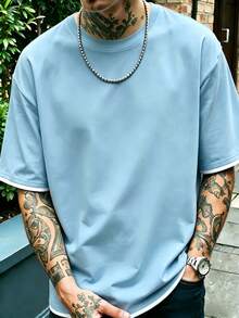 Men's Summer Fashionable Versatile T-Shirt, Contrast Color 2 In 1 Design, Regular Crew Neck, Breathable Knit Fabric, Suitable For Daily Wear - Baby Blue - View 5