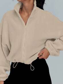 Chaqueta deportiva corta para mujer con cuello de forro polar, cremallera y cordón ajustable, de color liso, adecuada para deportes al aire libre y fitness, y para uso diario informal en otoño e invierno. - Caqui - Ver 3