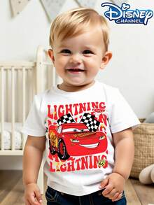 Disney's New Lightning McQueen (Cars) Print - Children's Clothing Design, T-Shirt, Suitable For Everyday Outings, Casual And Cute, Comfortable And Loose, Suitable For Boys And Girls, Ideal For Parties And Playtime, Washable, Girls' Short-Sleeved Shirt, Gift, Clothing, Shirt, Patterned T-Shirt, Toddler Boy Clothes, Tops, Kids, Girls Clothing, Mommy And Daughter Matching Outfit. - White - View 1