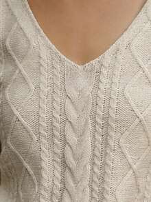 Blusa casual de punto trenzado con cuello en V de manga corta, versátil para uso diario, en color albaricoque, para primavera/verano - Caqui - Ver 3