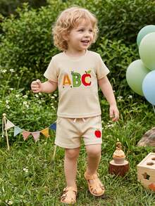 Toddler Boys Cotton Shorts Set Apple Letter Embroidered Casual Preppy Summer Back To School Outfits - Apricot - View 3