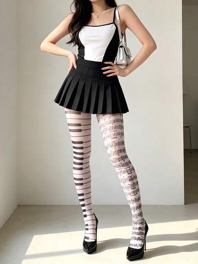 1双女士丝袜，适合春夏穿着，薄款夏季连裤袜，黑白钢琴键图案，音符图案打底裤，搭配百褶裙，性感火辣风格丝袜和紧身裤，纯正夜店风底袜