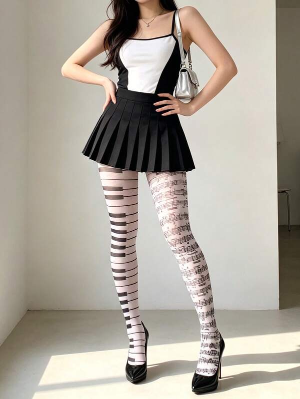 1双女士丝袜，适合春夏穿着，薄款夏季连裤袜，黑白钢琴键图案，音符图案打底裤，搭配百褶裙，性感火辣风格丝袜和紧身裤，纯正夜店风底袜