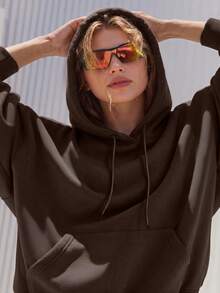 女士保暖连帽卫衣，休闲落肩套头衫，卡其色/深棕色长袖卫衣，秋冬时尚外套，返校教师套装 - 巧克力棕 - 查看 3