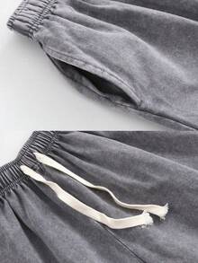 Men's 2PCS BUUTIAN Vintage Wash Solid Color T-Shirt & Denim Shorts Set, Multiple Color Combinations Available, Oversized Streetwear Casual Summer Joggermate Outfit, 90s Retro Casual Loungewear - Grey - View 7