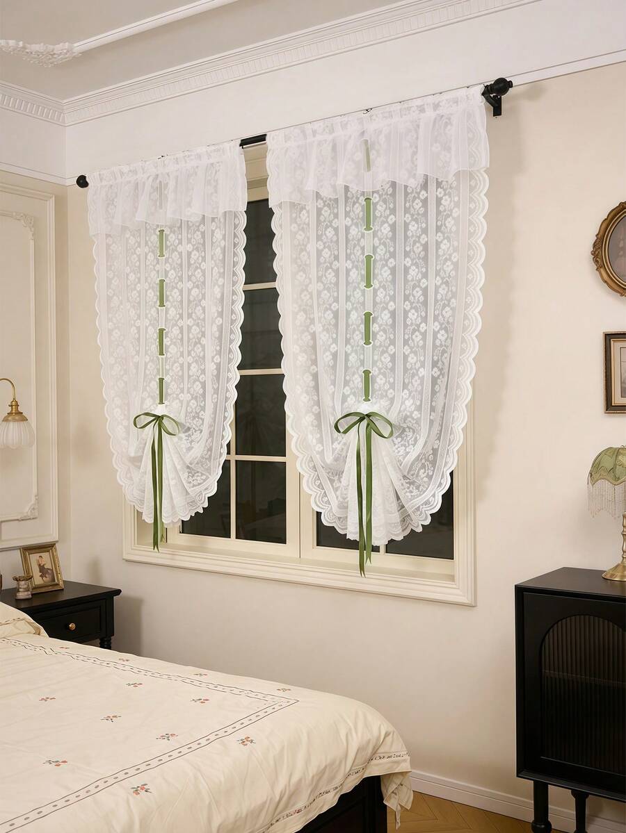 1pc Solid Color Floral Lace Sheer Curtain, Top Rod Pocket Design, Privacy Filtering, Elegant Decor For Living Room, Study, Dining Room - White - View 1