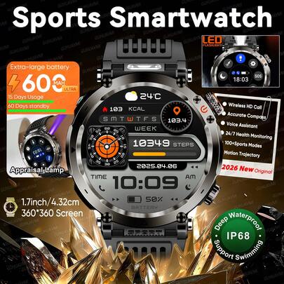  GUHUAVMI 2026 New Outdoor Sports Smartwatch For Men, 1.7inch 360*360 HD Large Screen, With LED Flashlight, Appraisal Lamp, 600mAh Battery, IP68 Waterproof Watch, Support Bluetooth Call, SOS Call, Voice Assistant, Multi Functional Reminder, Compass, Multi-Sports Modes, Fitness Tracker With Step Counting, Distance, Calories, Men's Outdoor Sports Smartwatch, Compatible With IPhone And Android