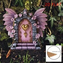 1/8个迷你仙女门木质装饰品，粉金配色，梦幻花园装饰，轻巧仙女屋，室内/室外皆可使用，梦幻桌面/花园摆件，蝴蝶翅膀设计，无需用电，2D - 木質擺飾 - 查看 5