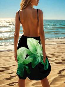 Gaun Penutup Pantai Motif Bunga untuk Wanita, Gaun Lilit Kasual untuk Liburan Musim Panas - Hijau - View 2
