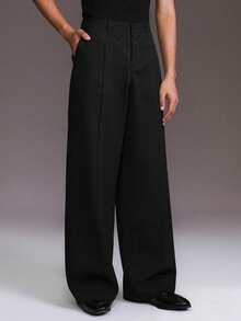 极简修身黑色阔腿裤，男士中腰褶裥宽松休闲长裤，通勤风格 - 黑色 - 查看 3