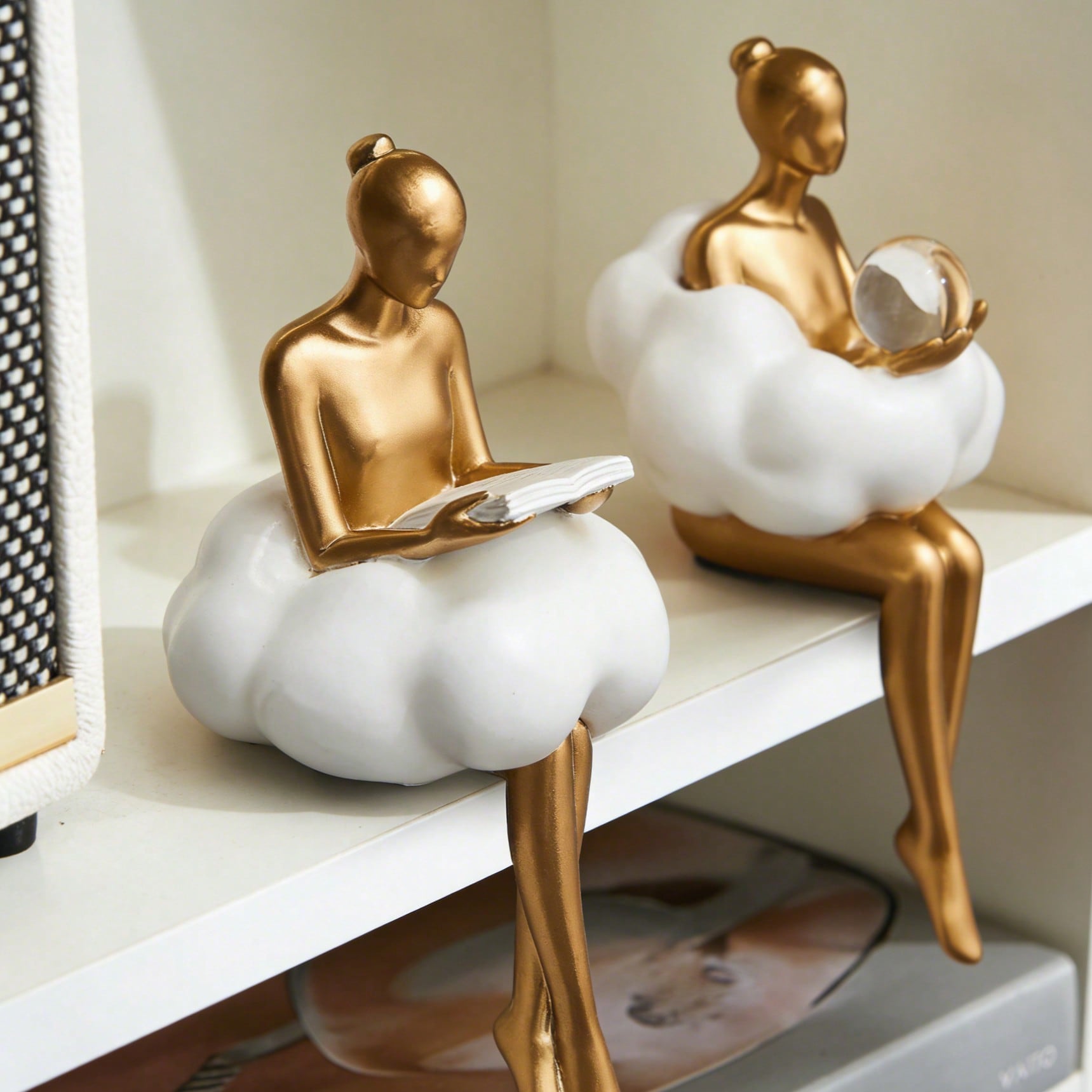 1pc Modern Gold & White Resin Statue - Elegant Lady With Cloud Crystal Ball Sculpture | Living Room Bedroom Office Desk Bookshelf Decor | Contemporary Home Decor Aesthetic Space Decoration Art Lover Gift Minimalist Desktop Ornament Enhance Interior Design Style
