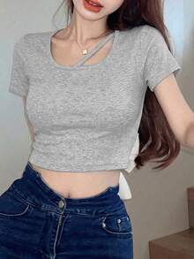 Kaos Wanita Pendek dengan Tali Pita Warna Kontras, Kasual Musim Panas - Grey - View 3
