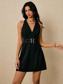 Vestido corto de verano para mujer sin mangas con cuello en V profundo y diseño de hebilla en la cintura - Negro - Ver 6