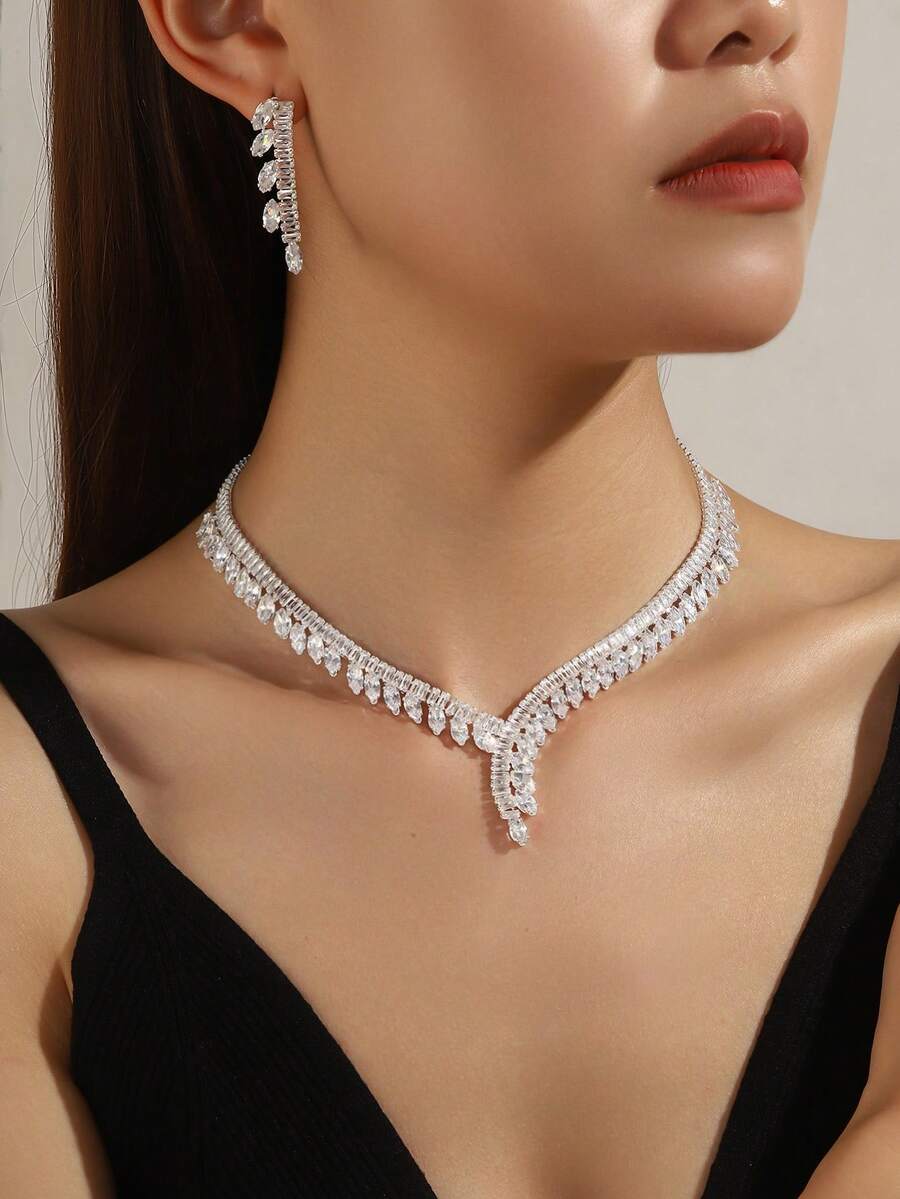 3pcs Luxury Rhinestone Single-Sided Necklace & Earrings Jewelry Set, Suitable For Bride Wedding, Daily Commute, Party, Vacation, Elegant Versatile High-End Accessories - Silver - View 1