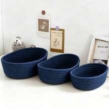 3pcs/1pc Large Blue Oval Handmade Woven Storage Basket, Bohemian Style Rope Basket, Suitable For Kitchen, Bathroom, Multi-Functional Room, Bedroom, Living Room, Dorm, Desk, Vanity, Home Decor, Also For Storing Snacks - Blue - View 2