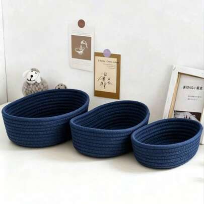 3pcs/Set Large Capacity Blue Oval Handwoven Storage Basket, Bohemian Style Woven Basket, Oval Woven Storage Organizer Basket, Oval Storage Basket, Suitable For Storing Small Items And Other Goods, Applicable To Kitchen, Bathroom, Utility Room, Bedroom, Living Room, Dorm, Desk, Vanity, Home Decor, Bathroom Storage, Also Suitable For Storing Snacks.