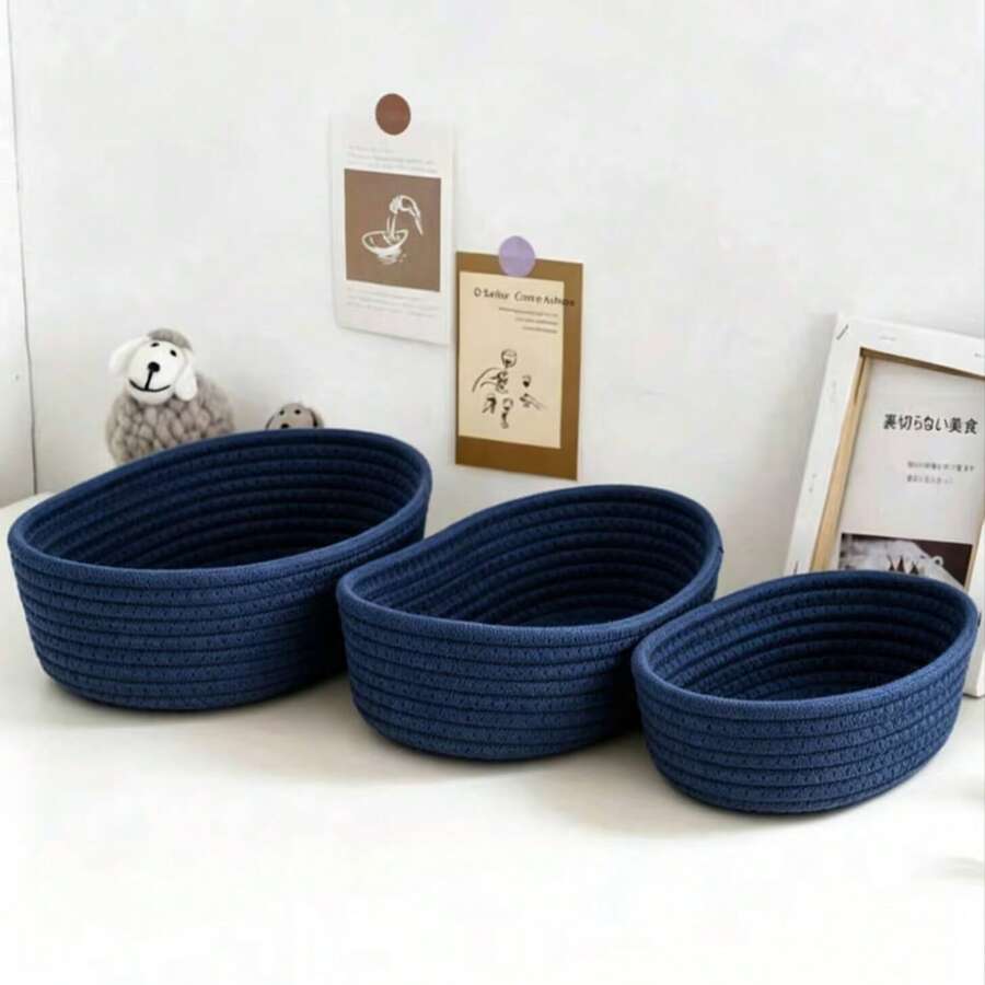 3pcs/1pc Large Blue Oval Handmade Woven Storage Basket, Bohemian Style Rope Basket, Suitable For Kitchen, Bathroom, Multi-Functional Room, Bedroom, Living Room, Dorm, Desk, Vanity, Home Decor, Also For Storing Snacks