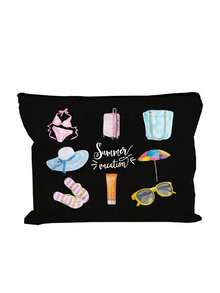 Borsa cosmetica da viaggio estiva in acquerello, pochette in tela con zip e stampe da spiaggia, organizer per il trucco da viaggio carino con bikini e occhiali alla moda - Multicolore - Visualizzare 13